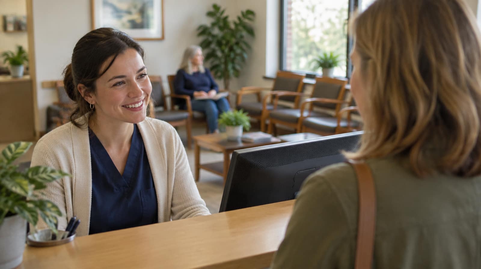A smiling clinic receptionist helps a client at the front desk.