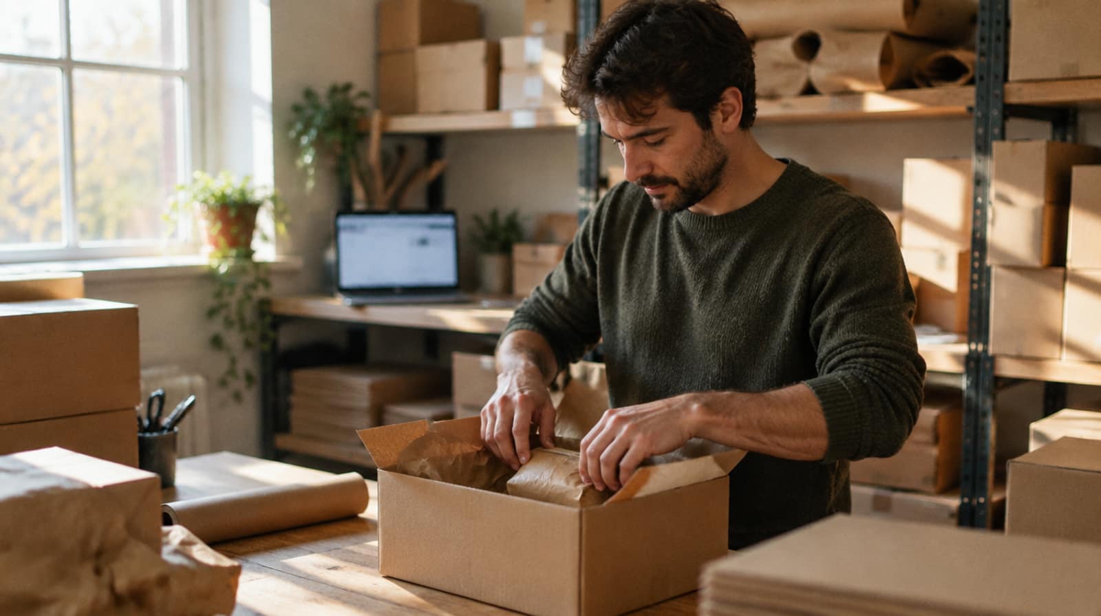 A small shop owner packs an order into a cardboard box.