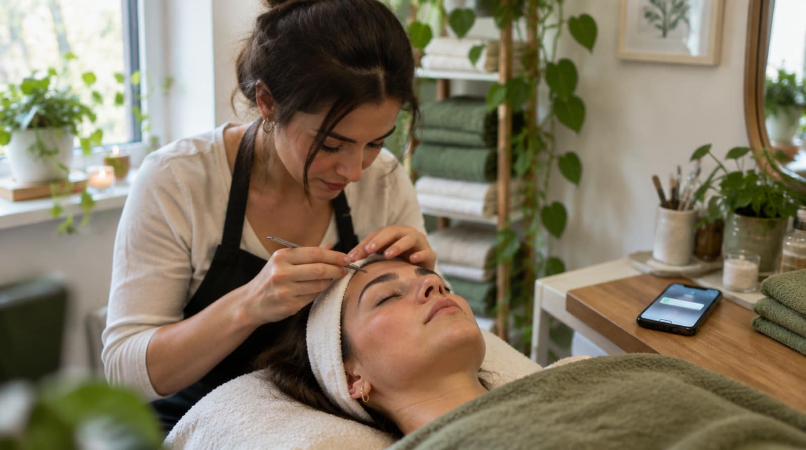 A beautician treats a client while her phone rests on the counter.