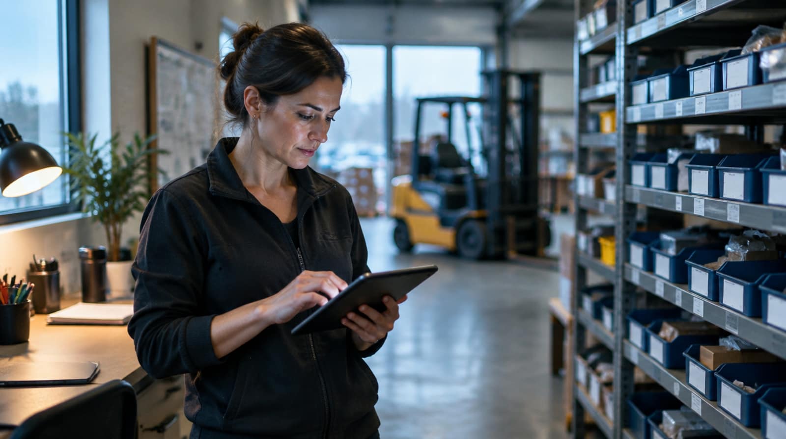 A woman checks a tablet in a warehouse lined with shelves of bins.